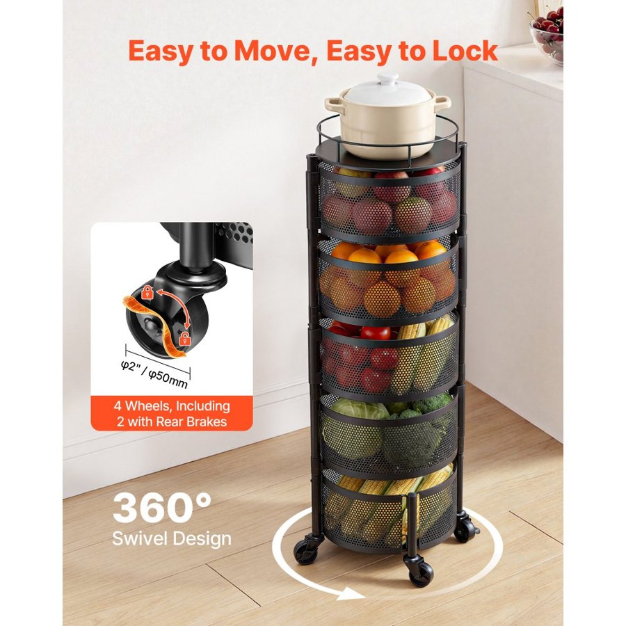 VEVOR Rotating Storage Rack Cart, 5 Tier Fruit and Vegetable Basket Bowls, Heavy Duty Wire Basket Organizer on Wheels, Large Capacity Stand with Metal Top Lid, for Kitchen Bathroom Nursery, Black