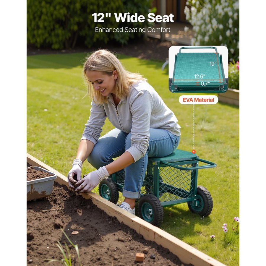 VEVOR Rolling Garden Cart with Seat, Metal Rolling Garden Work Seat with Wheels, Supports up to 181 kg, Heavy Duty Gardening Cart Scooter, Outdoor Wagon & Stool on Wheels for Lawn, Patio, Backyard
