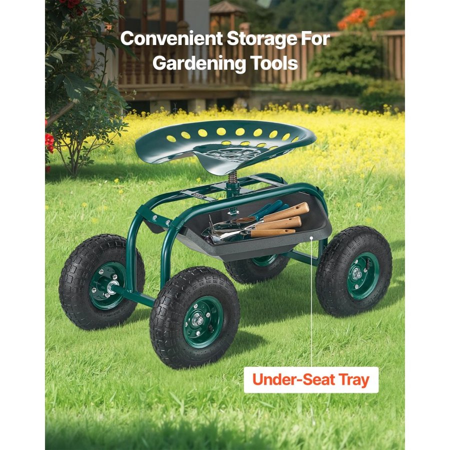 VEVOR  Rolling Garden Cart with Swivel Seat, Heavy Duty Garden Seat with Storage Basket & Tool Tray, 300 lbs Weight Capacity, Outdoor Utility Gardening Stool Scooter for Lawn Yard Planting Weeding