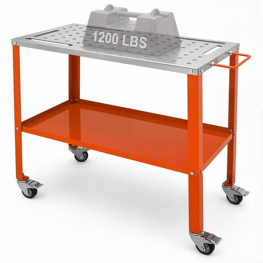 VEVOR Welding Table 91.4 cm x 45.7 cm, 544 kg Load Capacity Steel Welding Workbench Table on Wheels, 2 Layers Portable Work Bench with Braking Casters, 4 Tool Slots, 1.6 cm Fixture Holes