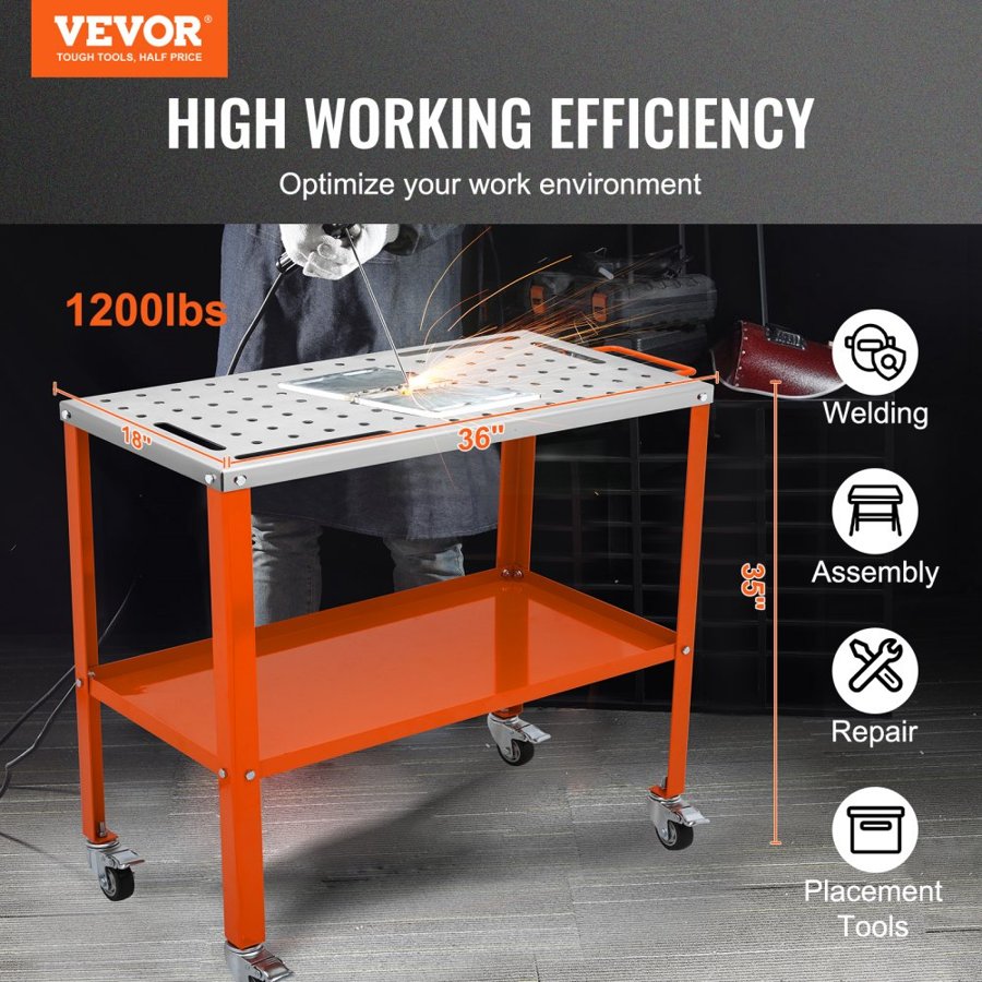 VEVOR Welding Table 91.4 cm x 45.7 cm, 544 kg Load Capacity Steel Welding Workbench Table on Wheels, 2 Layers Portable Work Bench with Braking Casters, 4 Tool Slots, 1.6 cm Fixture Holes