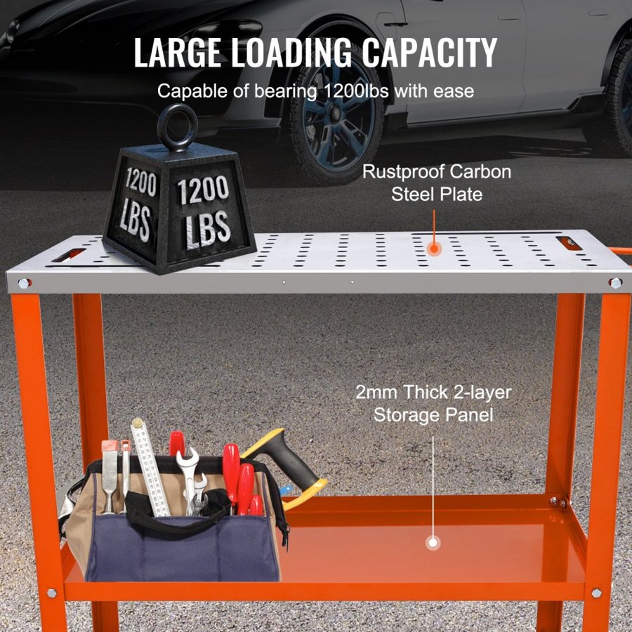 VEVOR Welding Table 91.4 cm x 45.7 cm, 544 kg Load Capacity Steel Welding Workbench Table on Wheels, 2 Layers Portable Work Bench with Braking Casters, 4 Tool Slots, 1.6 cm Fixture Holes