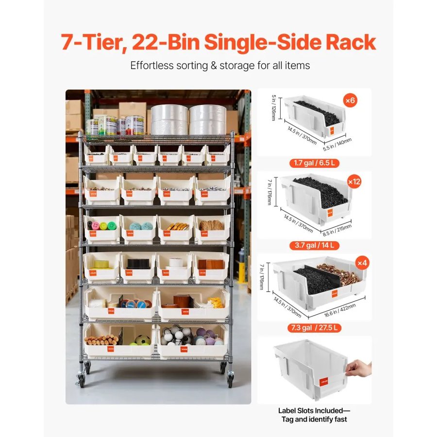 VEVOR Rolling Bin Rack – 7-Tier, 22 Bins, 800LB, Q195 Steel