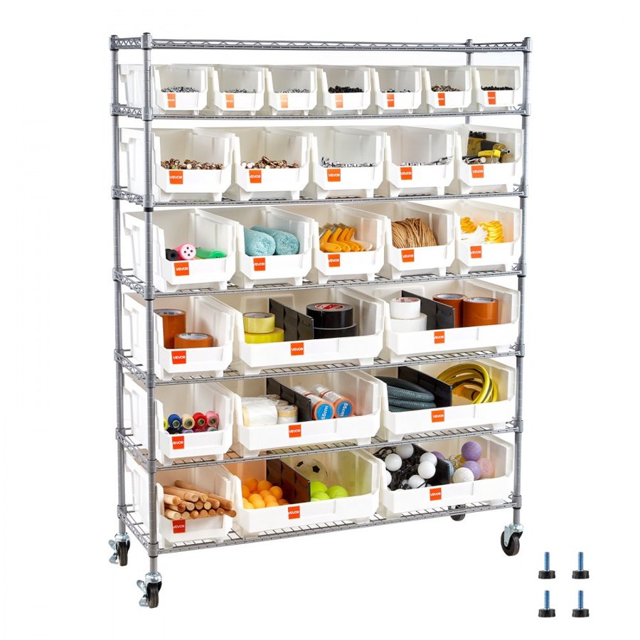 VEVOR Storage Bin Rack on Wheels – 7-Tier, 26 Bins, 800LB