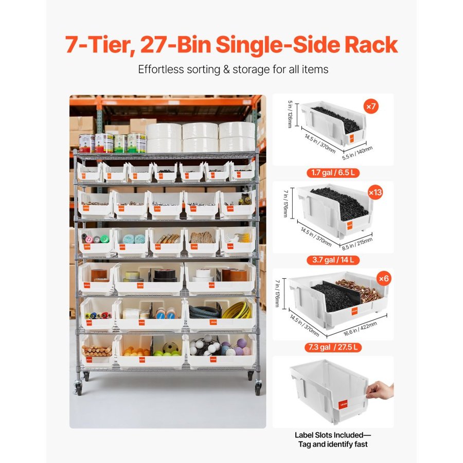 VEVOR Storage Bin Rack on Wheels – 7-Tier, 26 Bins, 800LB