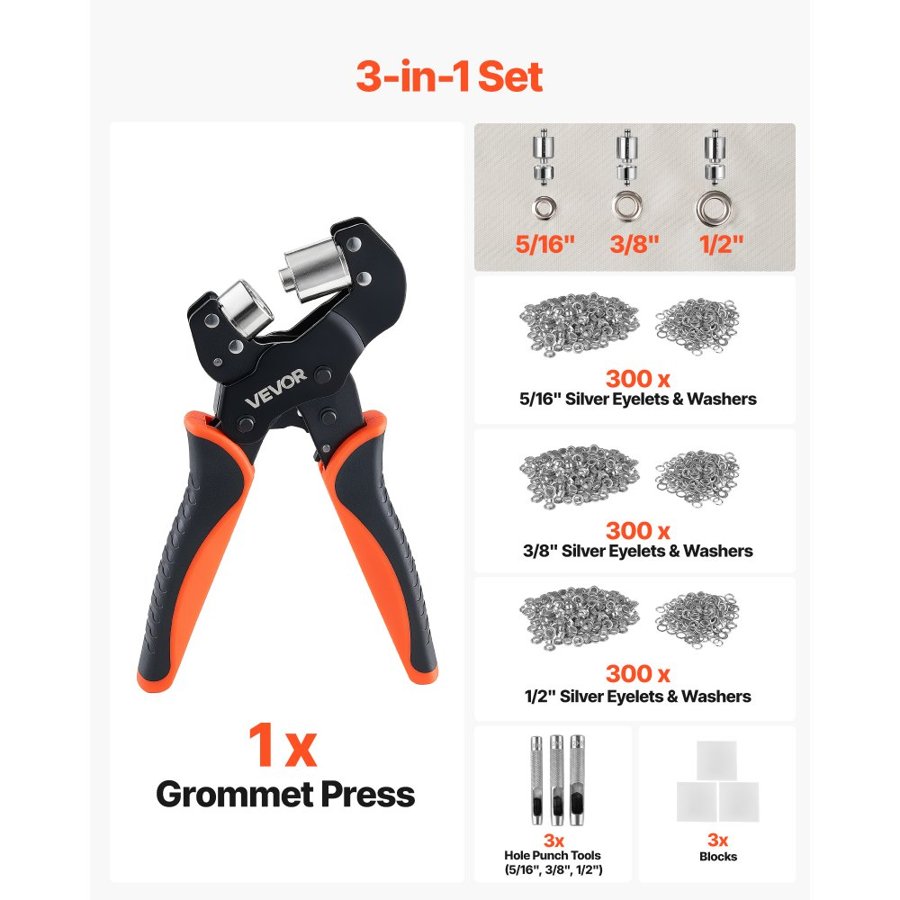 VEVOR Eyelet Tool Kit – 900 PCS, 8/10/12 mm Grommets