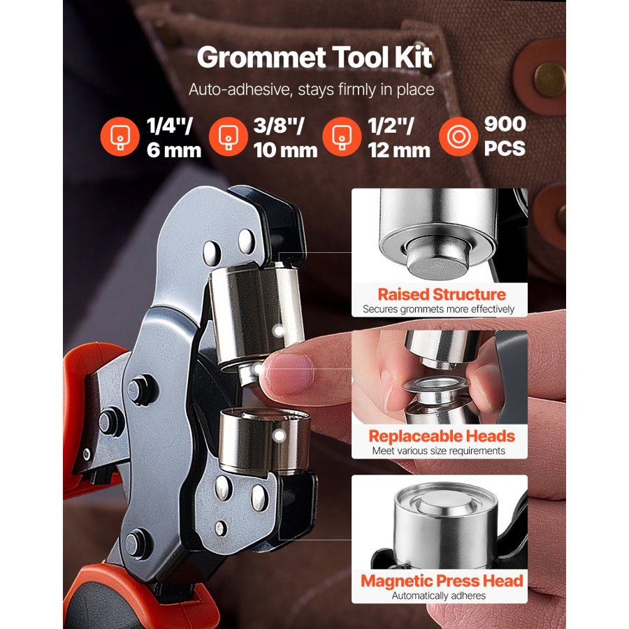 VEVOR Grommet Tool Kit – 6/10/12 mm, 900 PCS Eyelets