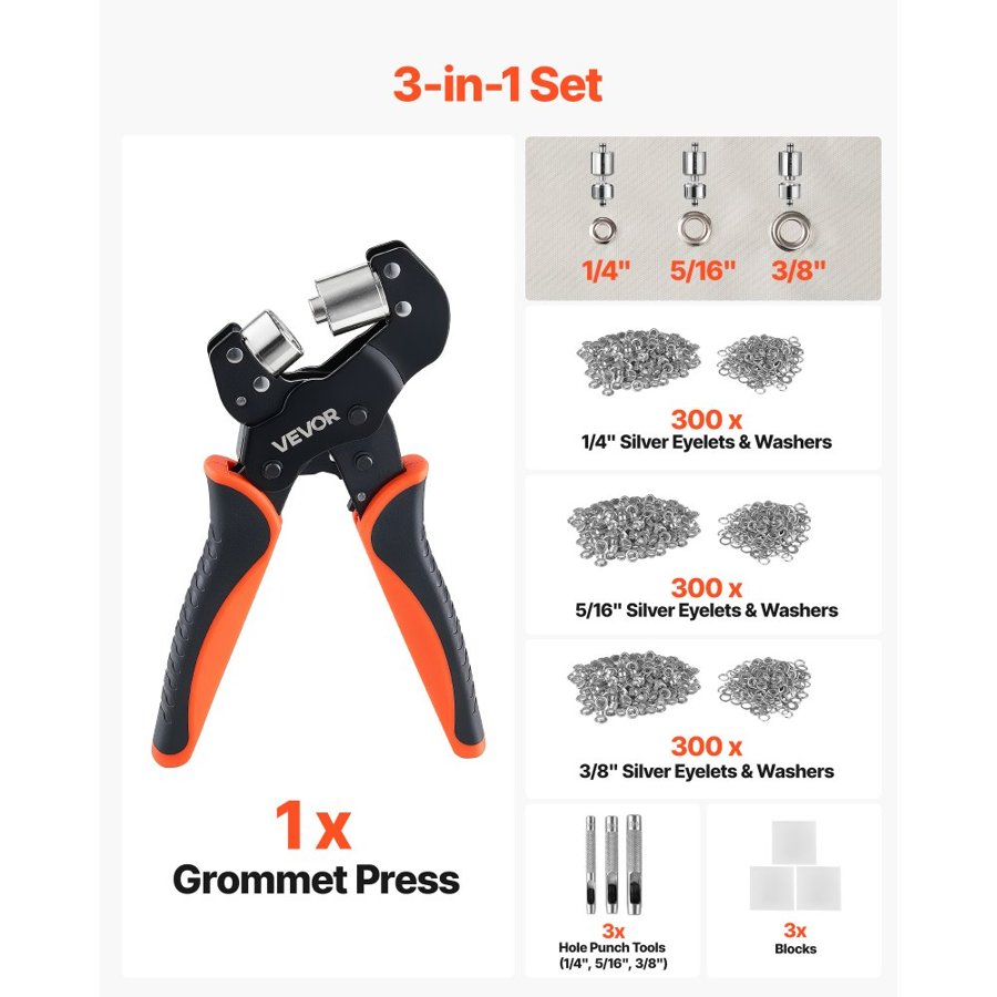 VEVOR Manual Grommet Press – 900 PCS, 6/8/10 mm Kit