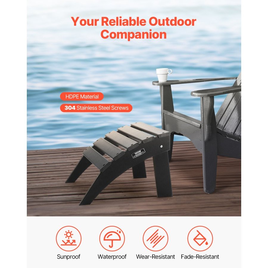 VEVOR Adirondack Ottoman, 18.7L x 19.7W x 13H Inch HDPE Plastic Folding Adirondack Ottoman, Weather-Resistant Foot Rest for Adirondack Chair, Widely Used for Outside Porch Pool Lawn Backyard, Black