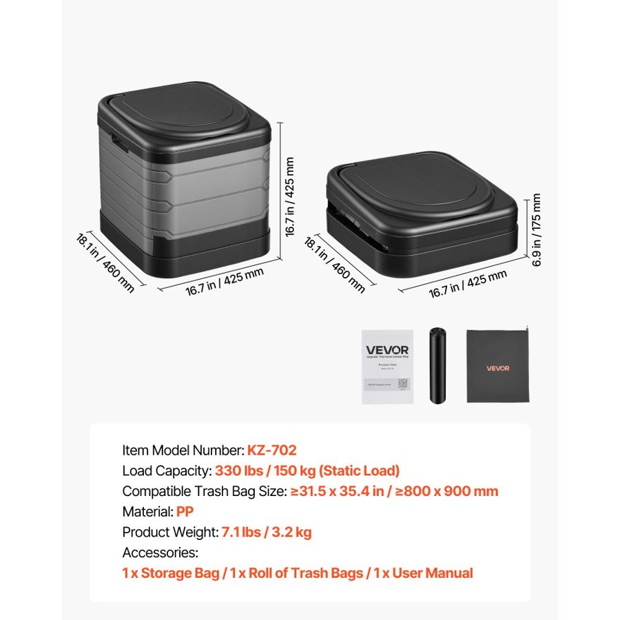 VEVOR Portable Toilet, 330 lbs Load Capacity, Folding Camping Toilet for Adults, Outdoor Travel Potty with Carry Bag, Trash Bags, Suitable for Home Use, RV Travel, Camping, Hiking, Boating, Car, Trips