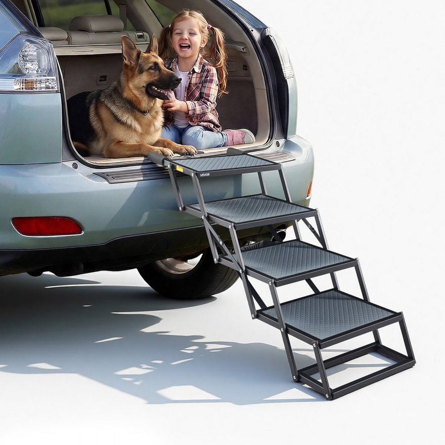 VEVOR Dog Stairs for Car, 4 Steps Extra Wide Foldable Dog Ramp for Large Dogs with Non-Slip Surface, Portable Lightweight Pet Stairs Ladder for Car, SUV, Truck, High Bed, Sofa, Support up to 181 kg