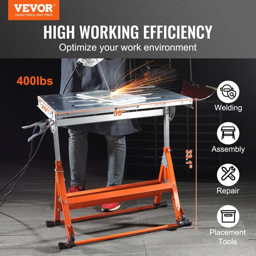 VEVOR Welding Table 76.2 cm x 50.8 cm, 181.4 kg Load Capacity Steel Welding Workbench Table on Wheels, Folding Work Bench with Three 2.8 cm Slot, 3 Tilt Angles, Adjustable Height, Retractable Guide Rails