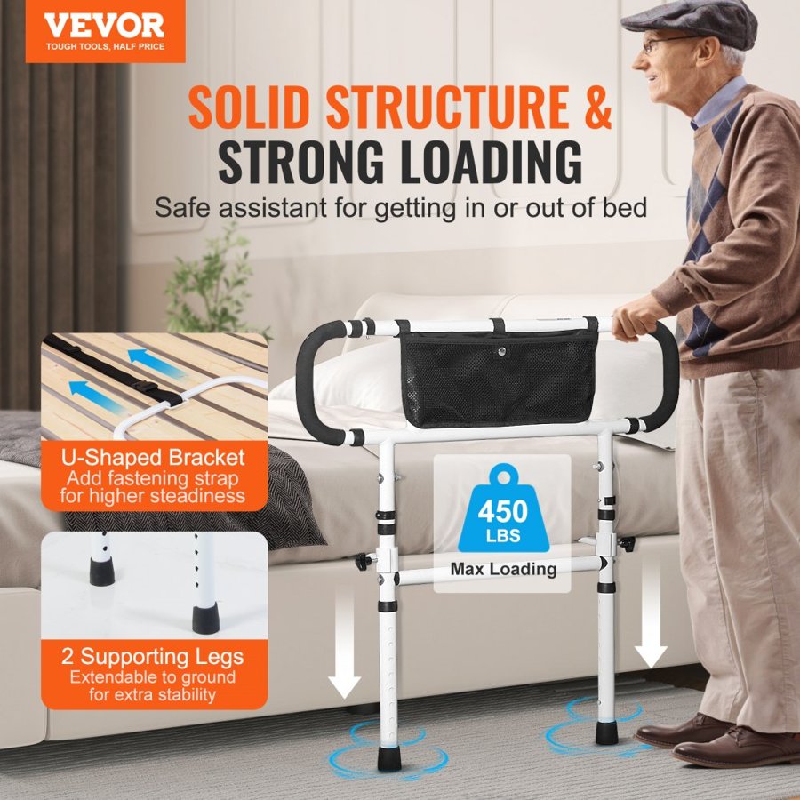 VEVOR Bed Rails for Elderly Adults, 180° Foldable Bed Assist Rails for Seniors, 204.12 kg Loading Bed Side Rails Bed Cane with 4-Level Adjustable Handle, Storage Pocket Fits King Queen Full Twin Bed