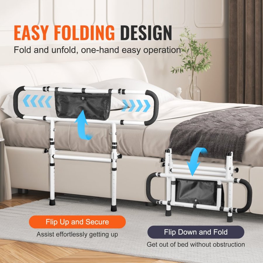 VEVOR Bed Rails for Elderly Adults, 180° Foldable Bed Assist Rails for Seniors, 204.12 kg Loading Bed Side Rails Bed Cane with 4-Level Adjustable Handle, Storage Pocket Fits King Queen Full Twin Bed
