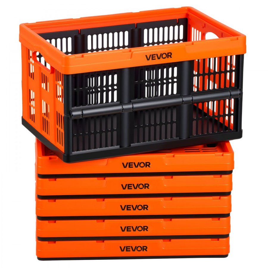 VEVOR Plastic Collapsible Storage Bins, 45L 6 Packs, Stackable Folding Storage Crates with Handles, Holds 15 kg Per Bin, Foldable Heavy Duty Containers, Space-Saving Baskets, for Home Organizing