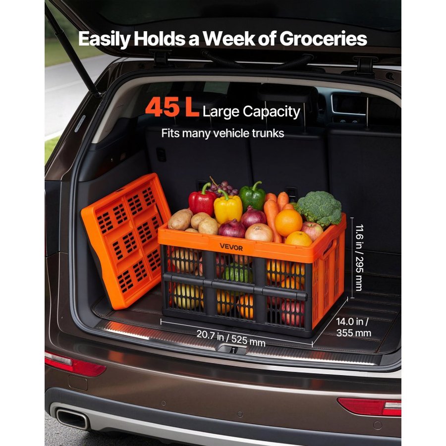 VEVOR Plastic Collapsible Storage Bins, 45L 6 Packs, Stackable Folding Storage Crates with Handles, Holds 15 kg Per Bin, Foldable Heavy Duty Containers, Space-Saving Baskets, for Home Organizing