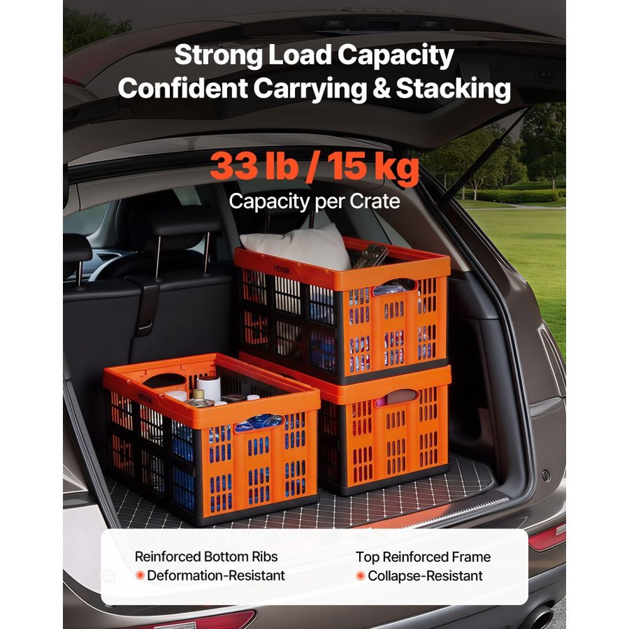 VEVOR Plastic Collapsible Storage Bins, 45L 6 Packs, Stackable Folding Storage Crates with Handles, Holds 15 kg Per Bin, Foldable Heavy Duty Containers, Space-Saving Baskets, for Home Organizing
