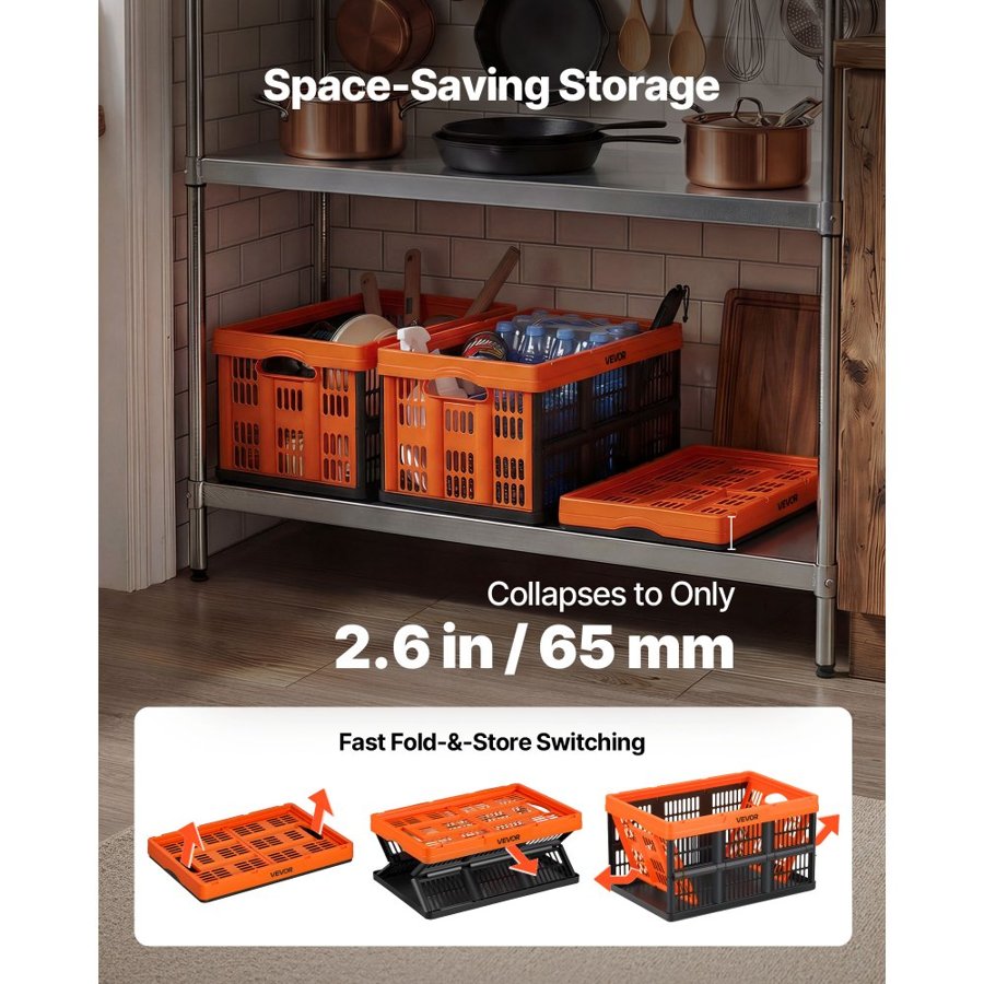 VEVOR Plastic Collapsible Storage Bins, 45L 6 Packs, Stackable Folding Storage Crates with Handles, Holds 15 kg Per Bin, Foldable Heavy Duty Containers, Space-Saving Baskets, for Home Organizing