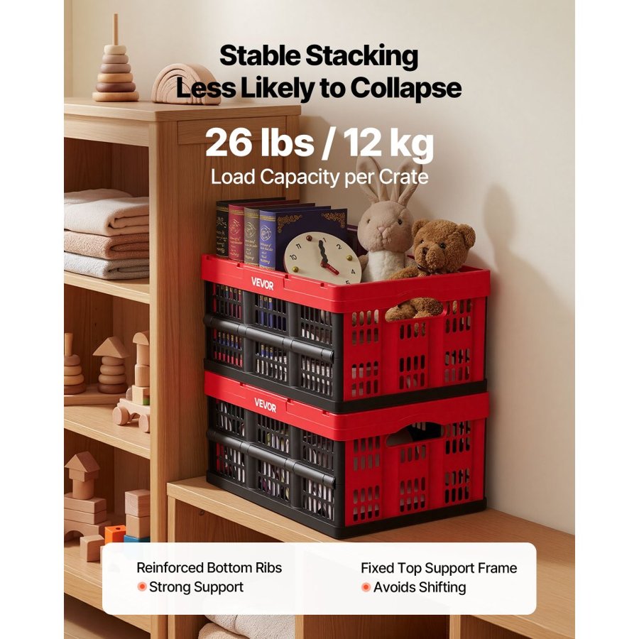 VEVOR Plastic Collapsible Storage Bins, 32L 3 Packs, Stackable Folding Storage Crates with Handles, Holds 12 kg Per Bin, Foldable Heavy Duty Containers, Space-Saving Baskets, for Home Organizing
