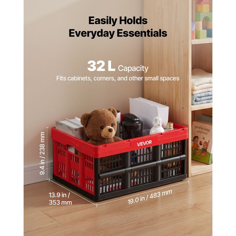 VEVOR Plastic Collapsible Storage Bins, 32L 3 Packs, Stackable Folding Storage Crates with Handles, Holds 12 kg Per Bin, Foldable Heavy Duty Containers, Space-Saving Baskets, for Home Organizing