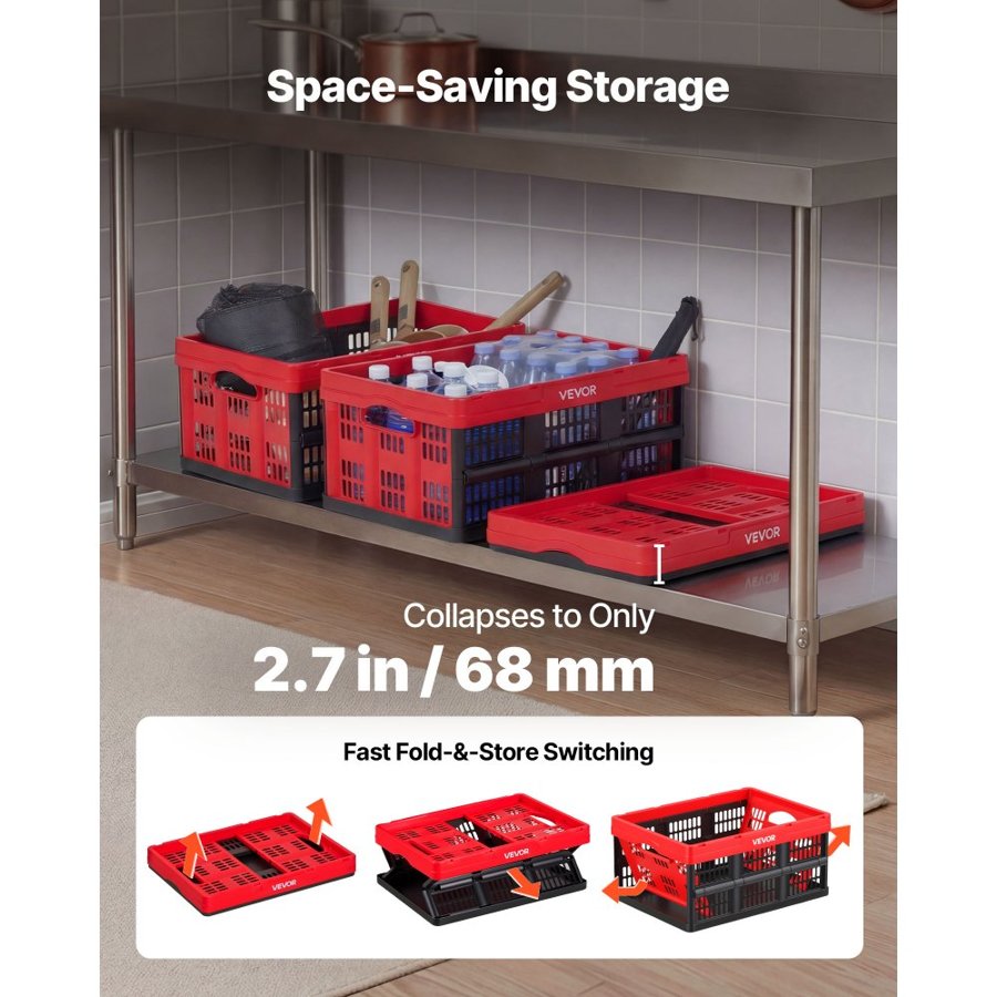 VEVOR Plastic Collapsible Storage Bins, 32L 3 Packs, Stackable Folding Storage Crates with Handles, Holds 12 kg Per Bin, Foldable Heavy Duty Containers, Space-Saving Baskets, for Home Organizing