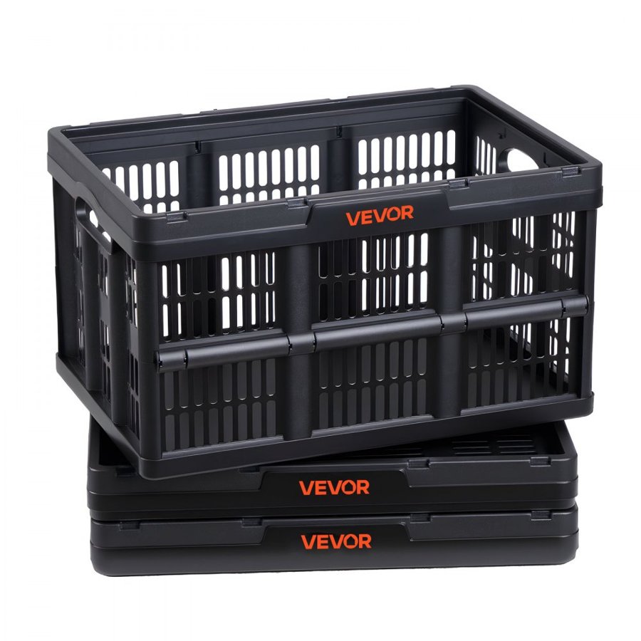VEVOR Plastic Collapsible Storage Bins, 45L 3 Packs, Stackable Folding Storage Crates with Handles, Holds 15 kg Per Bin, Foldable Heavy Duty Containers, Space-Saving Baskets, for Home Organizing