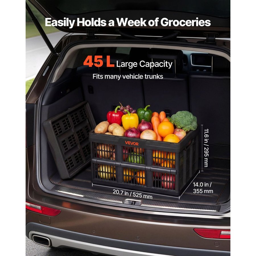 VEVOR Plastic Collapsible Storage Bins, 45L 3 Packs, Stackable Folding Storage Crates with Handles, Holds 15 kg Per Bin, Foldable Heavy Duty Containers, Space-Saving Baskets, for Home Organizing