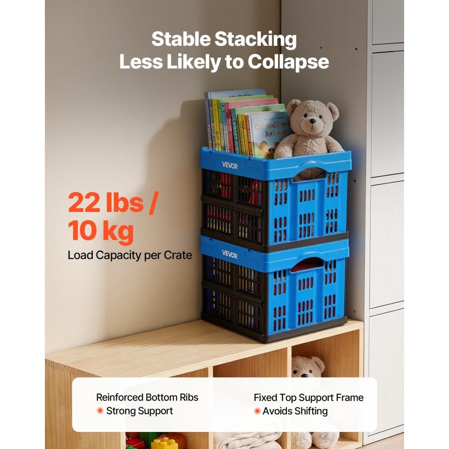VEVOR Plastic Collapsible Storage Bins, 25L 3 Packs, Stackable Folding Storage Crates with Handles, Holds 10 kg Per Bin, Foldable Heavy Duty Containers, Space-Saving Baskets, for Home Organizing