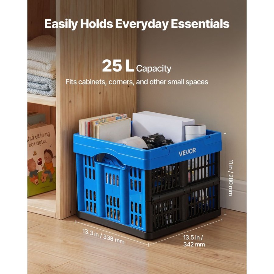 VEVOR Plastic Collapsible Storage Bins, 25L 3 Packs, Stackable Folding Storage Crates with Handles, Holds 10 kg Per Bin, Foldable Heavy Duty Containers, Space-Saving Baskets, for Home Organizing