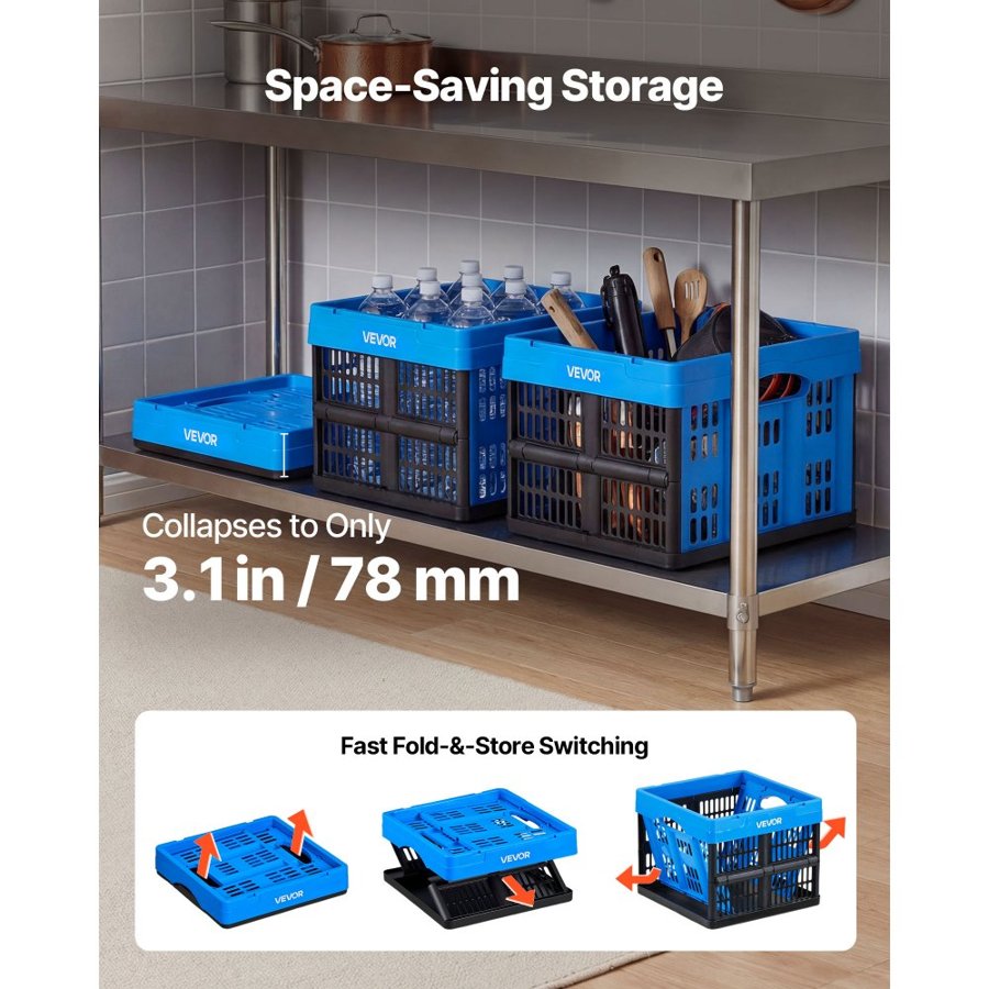 VEVOR Plastic Collapsible Storage Bins, 25L 3 Packs, Stackable Folding Storage Crates with Handles, Holds 10 kg Per Bin, Foldable Heavy Duty Containers, Space-Saving Baskets, for Home Organizing