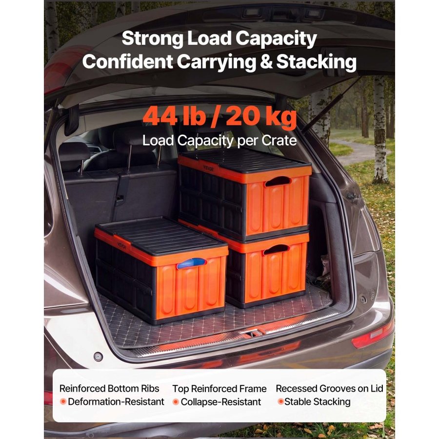 VEVOR Plastic Collapsible Storage Bins with Lids, 45L 3Packs, Stackable Folding Storage Crates with Handles, Holds 20 kg Per Bin, Heavy Duty Containers, Space-Saving Baskets, for Home Organizing