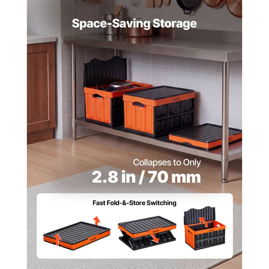 VEVOR Plastic Collapsible Storage Bins with Lids, 45L 3Packs, Stackable Folding Storage Crates with Handles, Holds 20 kg Per Bin, Heavy Duty Containers, Space-Saving Baskets, for Home Organizing