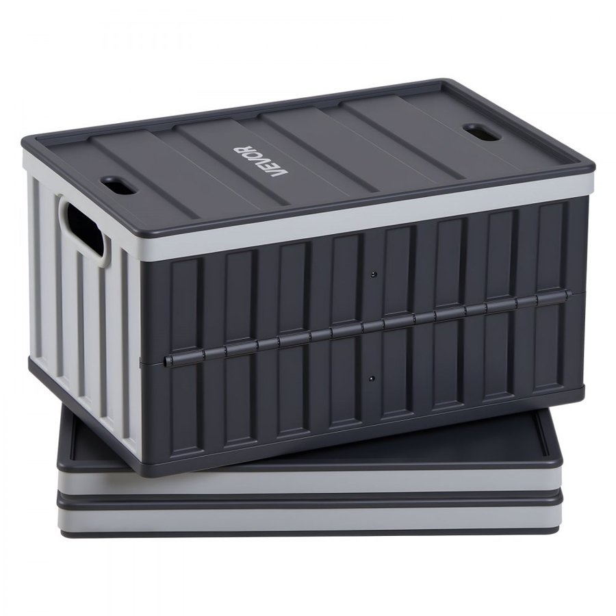 VEVOR Plastic Collapsible Storage Bins with Lids, 65L 3 Packs, Stackable Folding Storage Crates with Handles, Holds 38 kg Per Bin, Heavy Duty Containers, Space-Saving Baskets, for Home Organizing