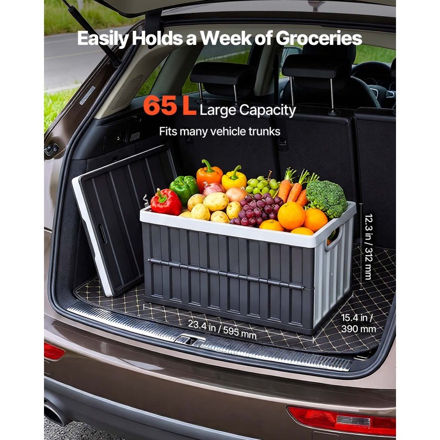 VEVOR Plastic Collapsible Storage Bins with Lids, 65L 3 Packs, Stackable Folding Storage Crates with Handles, Holds 38 kg Per Bin, Heavy Duty Containers, Space-Saving Baskets, for Home Organizing