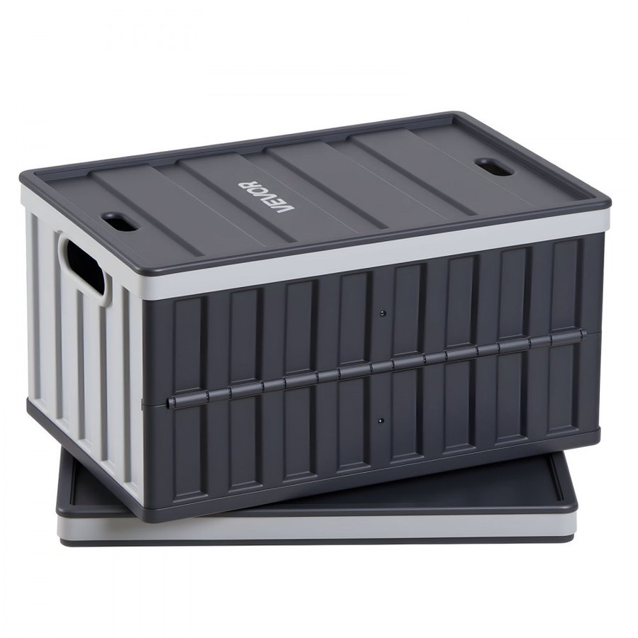 VEVOR Plastic Collapsible Storage Bins with Lids, 65L 2 Packs, Stackable Folding Storage Crates with Handles, Holds 38 kg Per Bin, Heavy Duty Containers, Space-Saving Baskets, for Home Organizing
