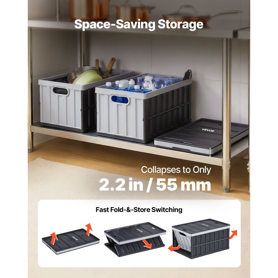 VEVOR Plastic Collapsible Storage Bins with Lids, 65L 2 Packs, Stackable Folding Storage Crates with Handles, Holds 38 kg Per Bin, Heavy Duty Containers, Space-Saving Baskets, for Home Organizing
