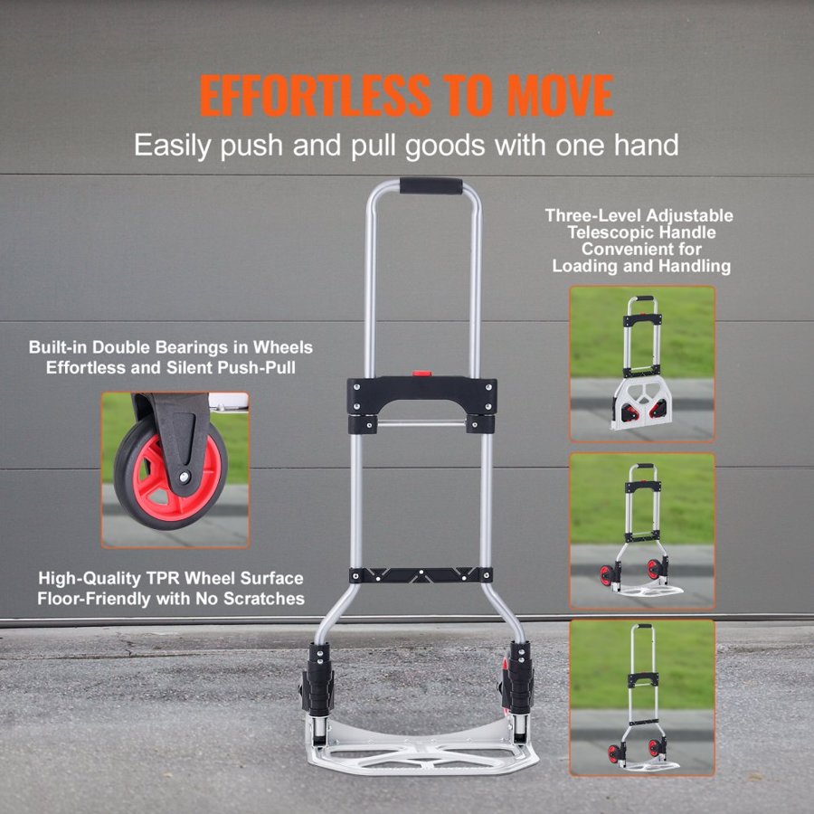 VEVOR Folding Hand Truck, 176 lbs Load Capacity, Aluminum Portable Cart, Convertible Hand Truck and Dolly with Telescoping Handle and Rubber Wheels, Ultra Lightweight Super Strong for Moving Warehouse