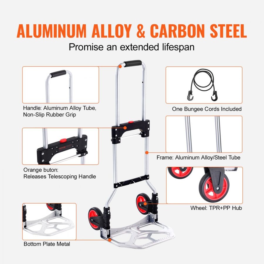 VEVOR Folding Hand Truck, 176 lbs Load Capacity, Aluminum Portable Cart, Convertible Hand Truck and Dolly with Telescoping Handle and Rubber Wheels, Ultra Lightweight Super Strong for Moving Warehouse