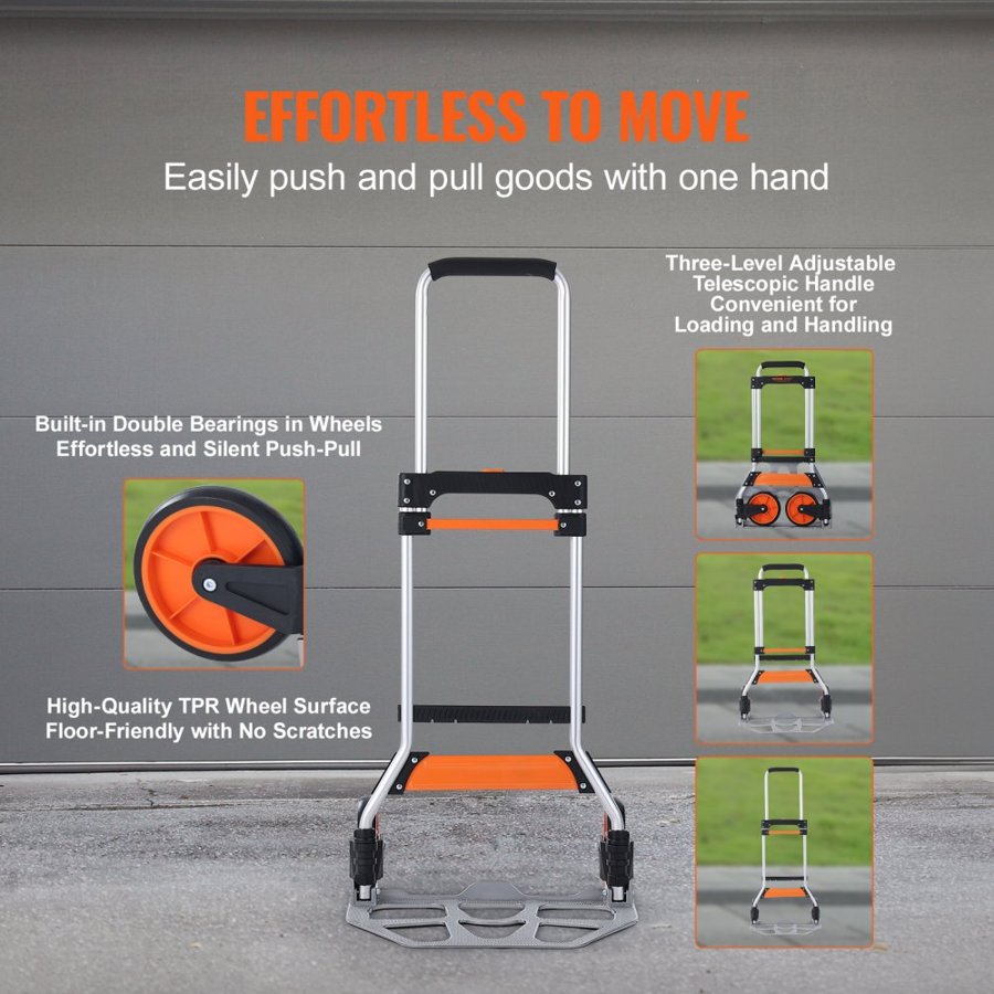 VEVOR Folding Hand Truck, 124.7 kg Load Capacity, Aluminum Portable Cart, Convertible Hand Truck and Dolly with Telescoping Handle and PP+TPR Wheels, Ultra Lightweight Super Strong for Moving Warehouse