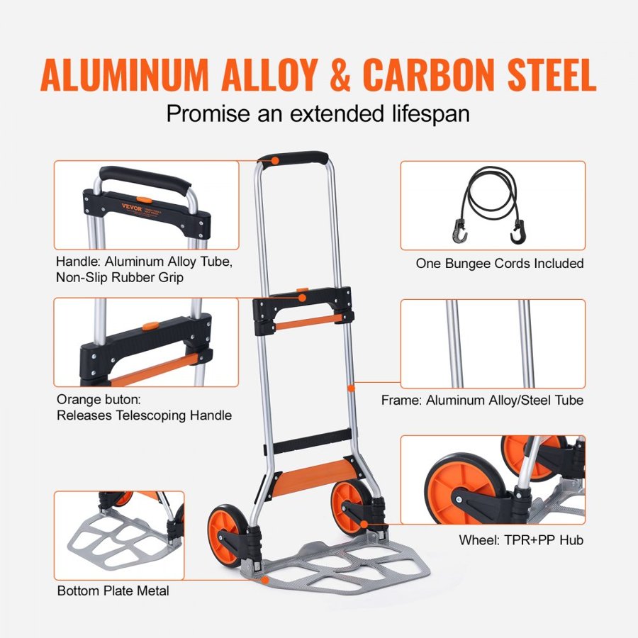 VEVOR Folding Hand Truck, 124.7 kg Load Capacity, Aluminum Portable Cart, Convertible Hand Truck and Dolly with Telescoping Handle and PP+TPR Wheels, Ultra Lightweight Super Strong for Moving Warehouse