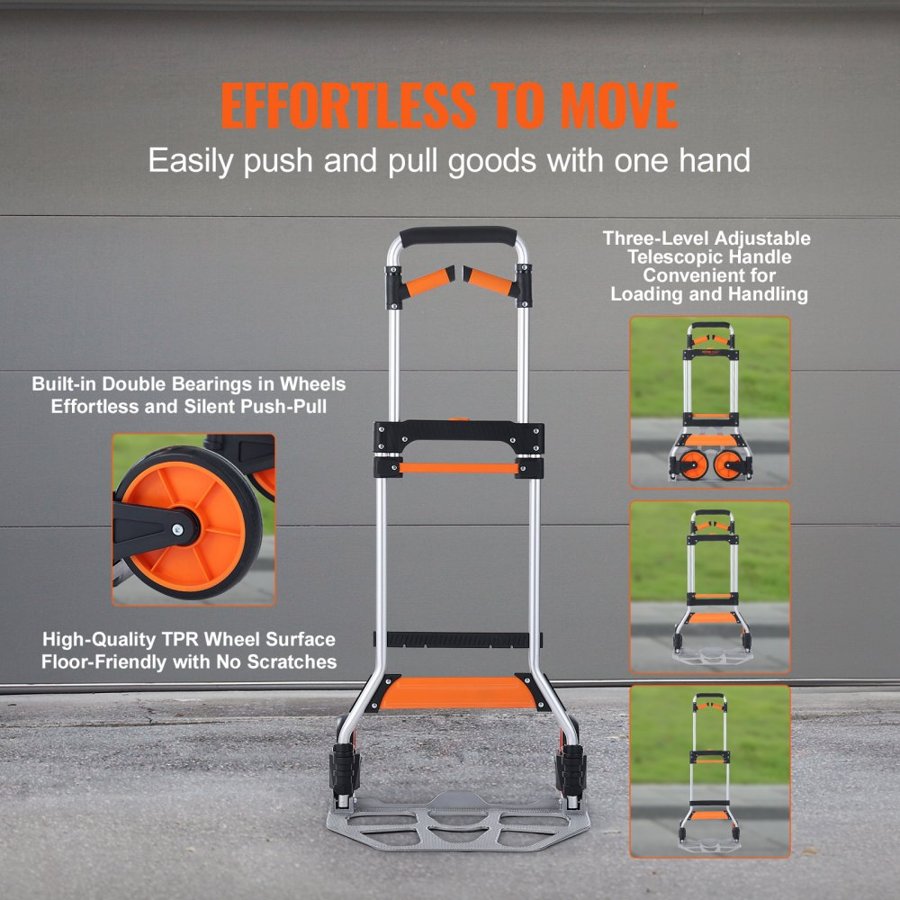VEVOR Folding Hand Truck, 309 lbs Load Capacity, Aluminum Portable Cart, Convertible Hand Truck and Dolly with Telescoping Handle and PP+TPR Wheels, Ultra Lightweight Super Strong for Moving Warehouse