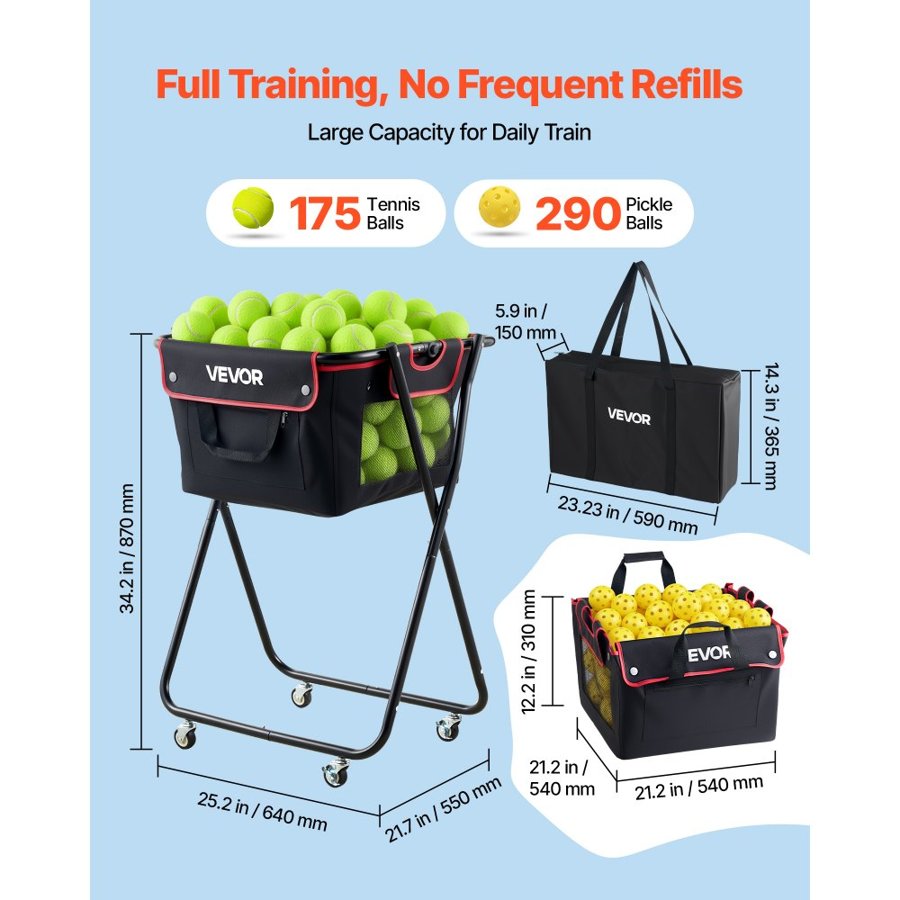 VEVOR Foldable Tennis Ball Hopper – Holds 175 Balls, X Frame