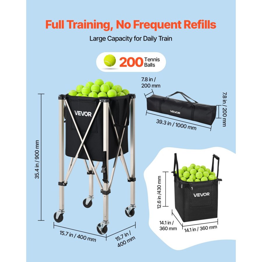 VEVOR Tennis Ball Hopper with Wheels – 304 Steel, 200 Balls