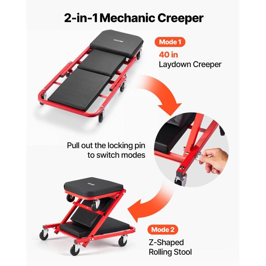 VEVOR 1010mm 2-in-1 Folding Mechanic Creeper, Z Creeper Seat & Under Car Garage Roller, 204 kg Rolling Creeper Stool with 6 Swivel Casters, Padded Headrest for Auto Repair