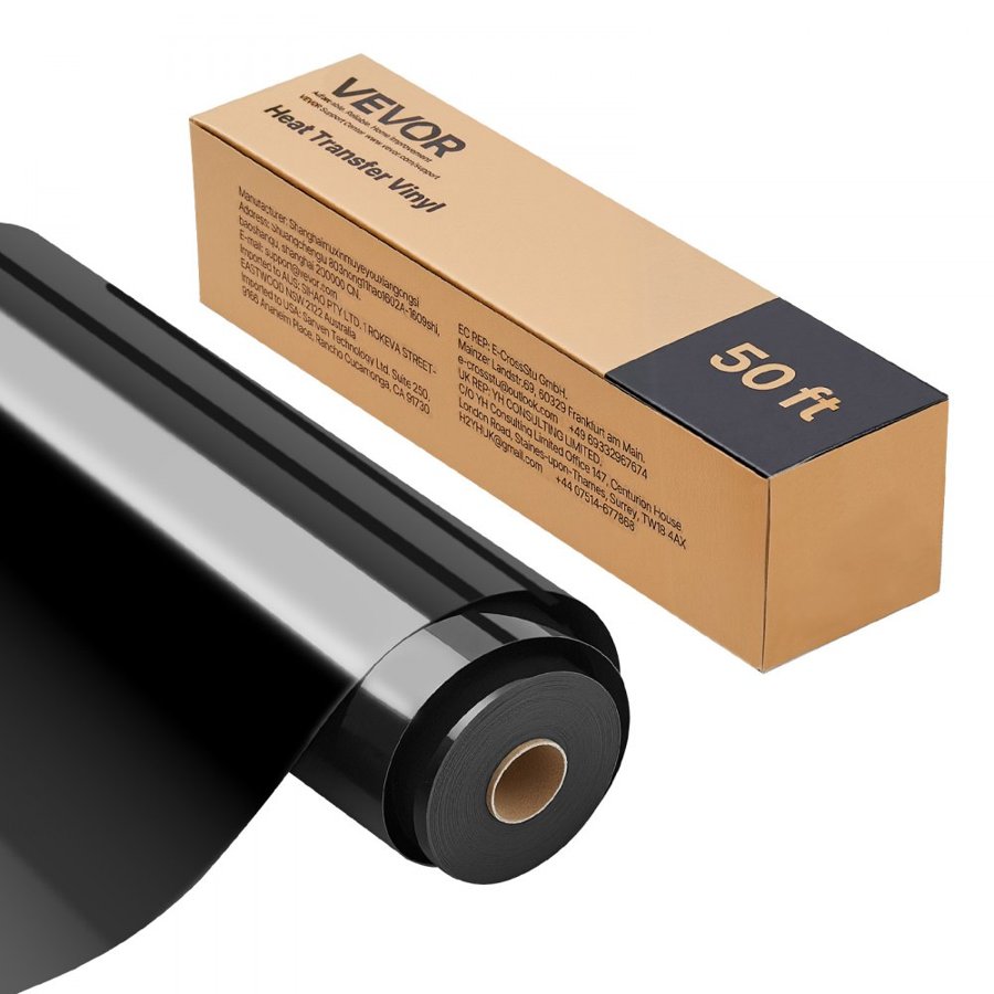 VEVOR Heat Transfer Vinyl, 304.8 x 15240mm, Glossy Black HTV Iron on Vinyl Roll, Easy to Cut and Weed, Strong Adhesion, Compatible with Cutting Machines, for Various Materials, T-shirts, Pillows, Hats