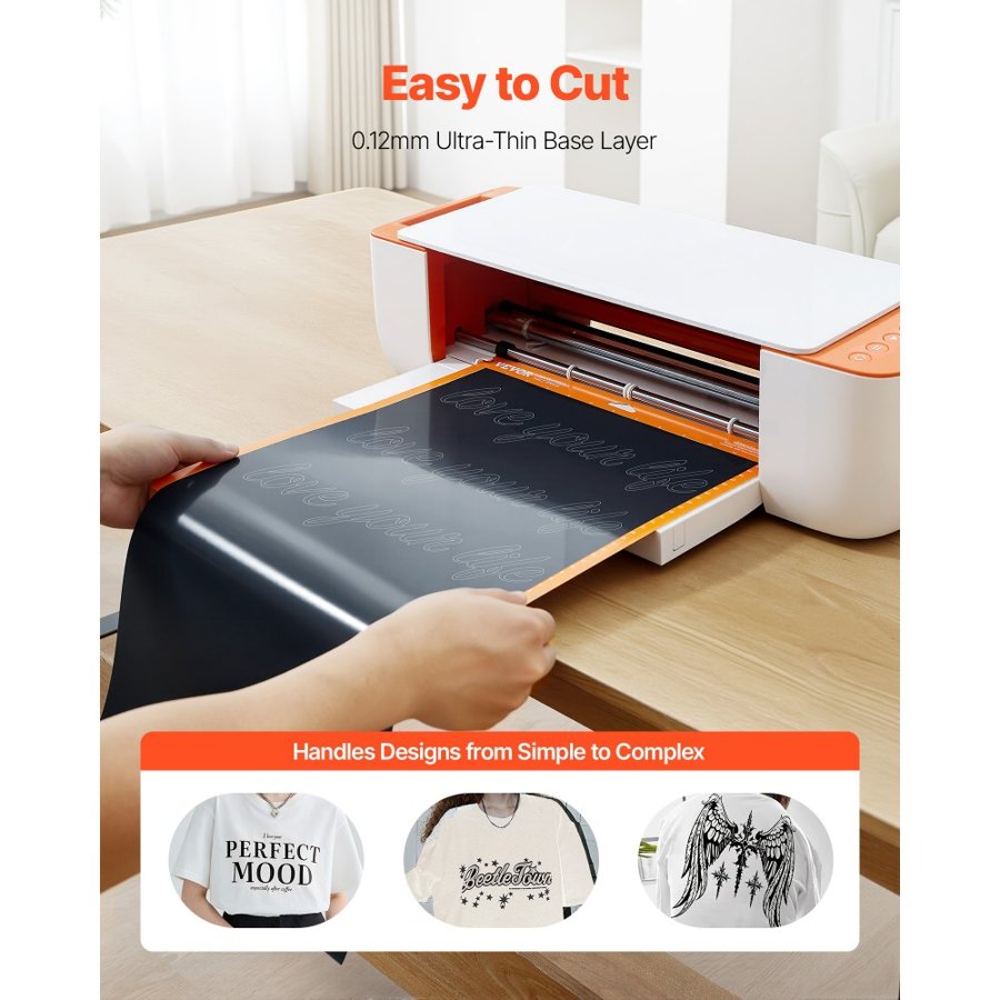 VEVOR Heat Transfer Vinyl, 304.8 x 15240mm, Glossy Black HTV Iron on Vinyl Roll, Easy to Cut and Weed, Strong Adhesion, Compatible with Cutting Machines, for Various Materials, T-shirts, Pillows, Hats