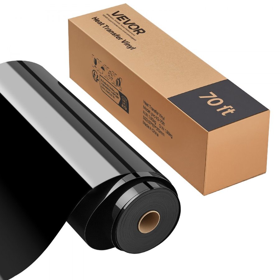 VEVOR Heat Transfer Vinyl, 304.8 x 21336mm, Glossy Black HTV Iron on Vinyl Roll, Easy to Cut and Weed, Strong Adhesion, Compatible with Cutting Machines, for Various Materials, T-shirts, Pillows, Hats