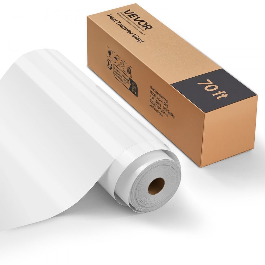VEVOR Heat Transfer Vinyl, 304.8 x 21336mm, Glossy White HTV Iron on Vinyl Roll, Easy to Cut and Weed, Strong Adhesion, Compatible with Cutting Machines, for Various Materials, T-shirts, Pillows, Hats