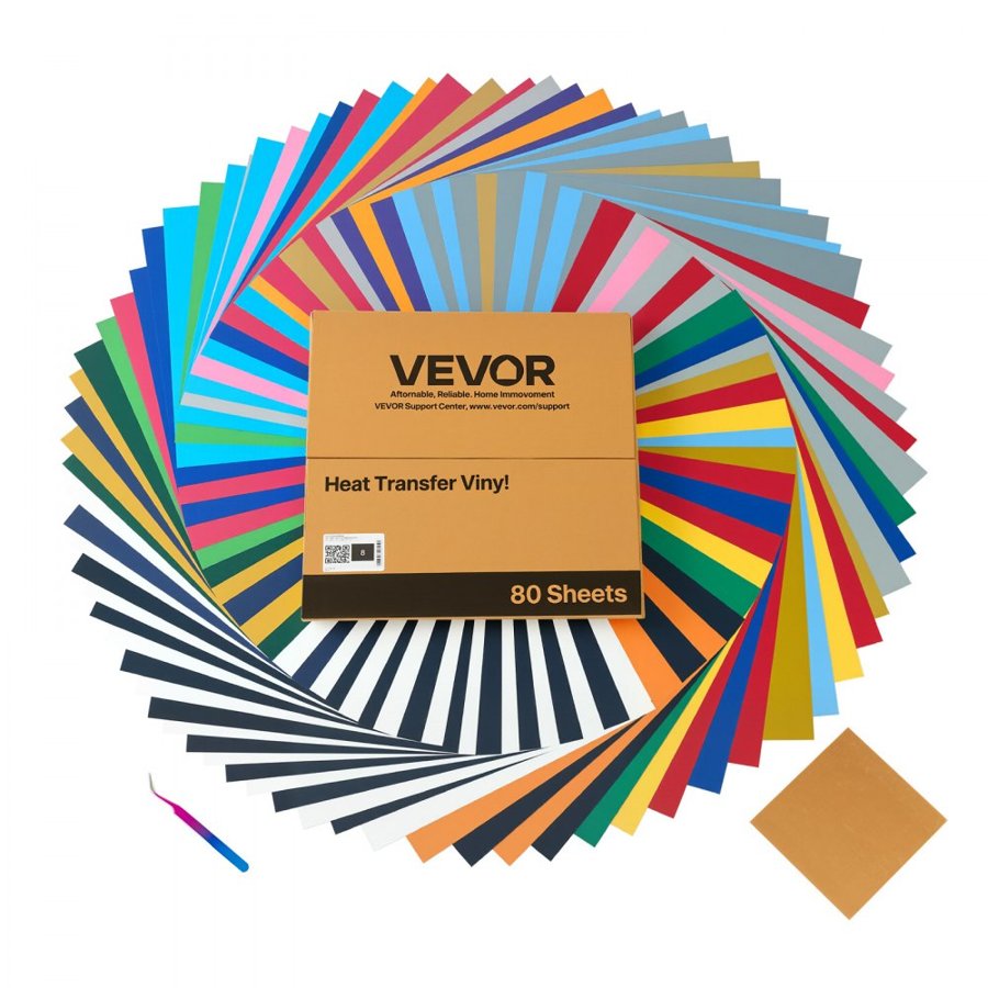 VEVOR Heat Transfer Vinyl, 80 Pack, 304.8 x 304.8mm, Assorted Colors HTV Iron on Vinyl Bundle, Easy to Cut and Weed, with Accessories, Compatible with Cutting Machines, for Various Materials, T-shirts