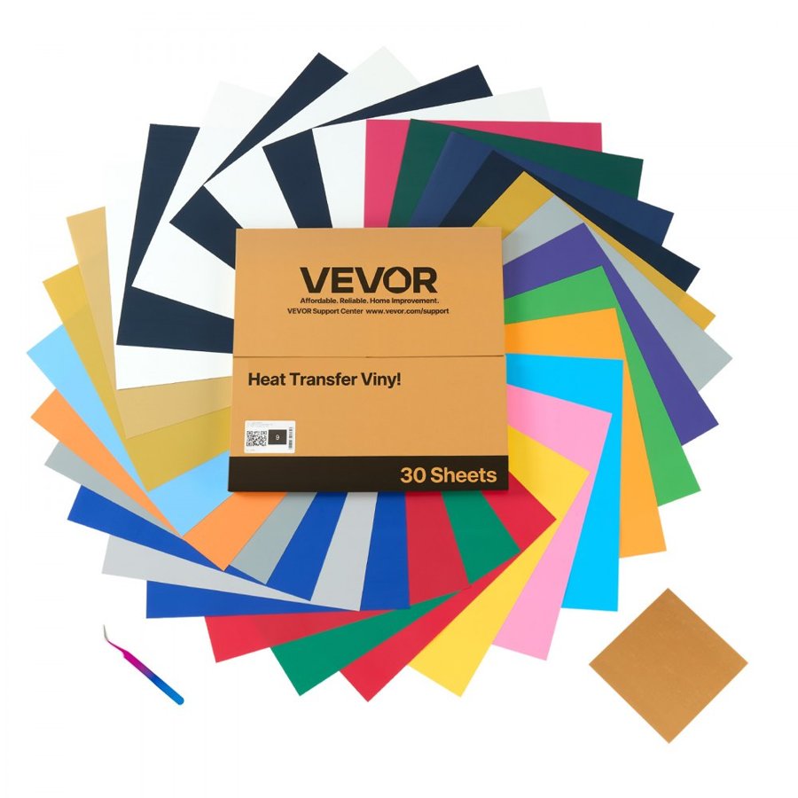 VEVOR Heat Transfer Vinyl, 30 Pack, 304.8 x 304.8mm, Assorted Colors HTV Iron on Vinyl Bundle, Easy to Cut and Weed, with Accessories, Compatible with Cutting Machines, for Various Materials, T-shirts